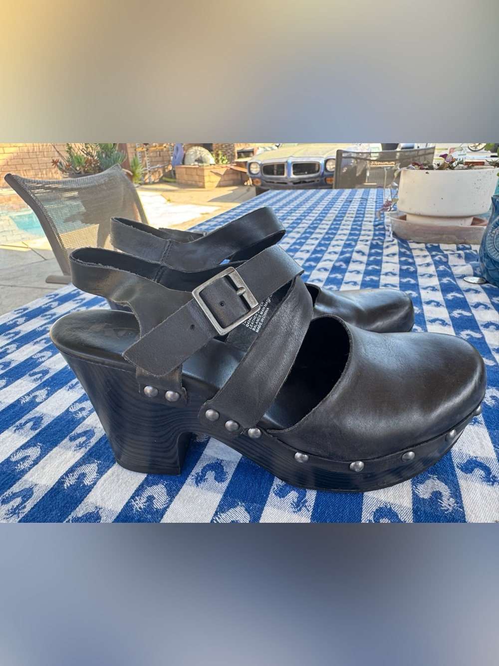 Kork Ease - Abloom Black Leather Strappy Mary Jane Platform Clog Heels Sz 7